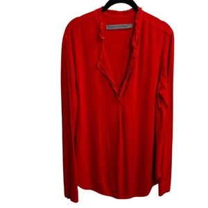Raquel Allegra Orange Blouse Sz 3 US Large Popover Fringe V Neckline Long Sleeve
